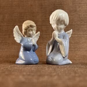 Vintage Praying Angel Figurines – Blue & White Ceramic Boy & Girl – Japan VTG